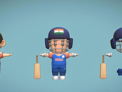 Indian Male Cricket Player In Blue Uniform With Helmet And Bat 3d model