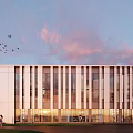 Modern Industrial Factory Building with Glass Curtain Wall Lighting People Around Drone Flying Sunset Sky