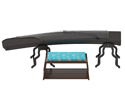 Traditional Chinese Guzheng Musical Instrument With Wooden Stand And Blue Patterned Stool 3d model