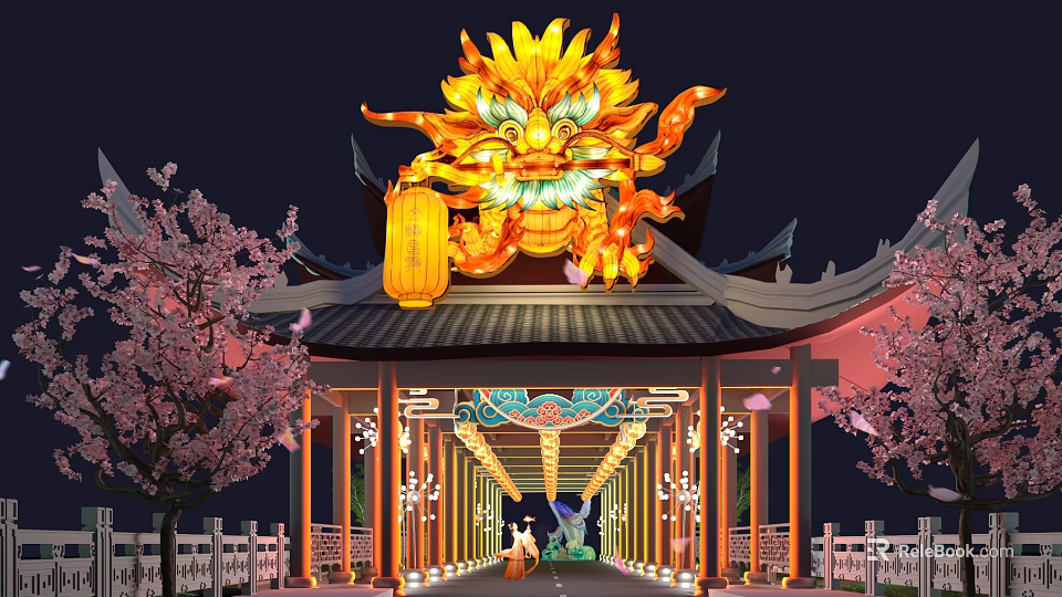 Traditional Commercial Street Featuring Dragon Decoration Lanterns And Cherry Blossom Trees At Night 3d model 
