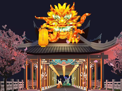 Traditional Commercial Street Featuring Dragon Decoration Lanterns And Cherry Blossom Trees At Night 3d model