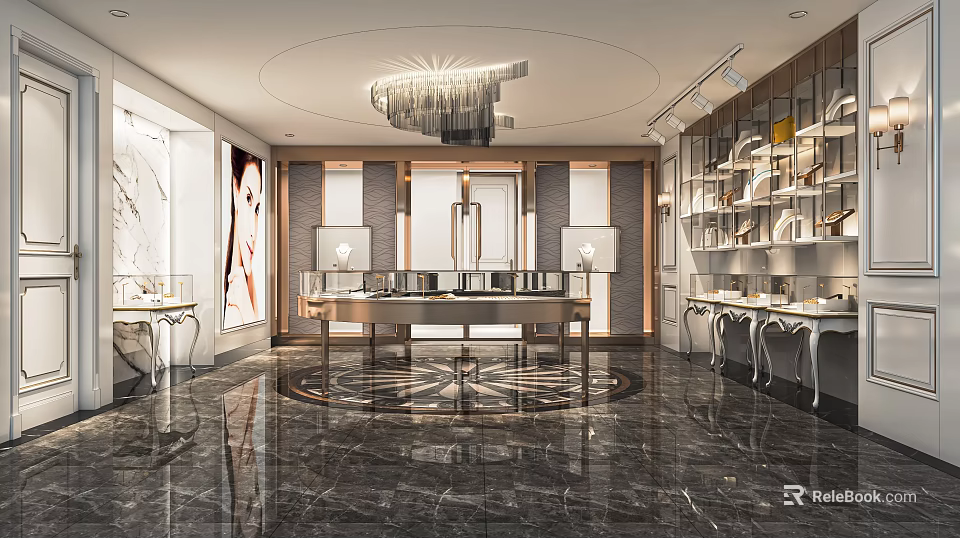 Modern Elegant Jewelry Store Interior With Glass Display Cases Chandelier And Marble Floor 3d model 