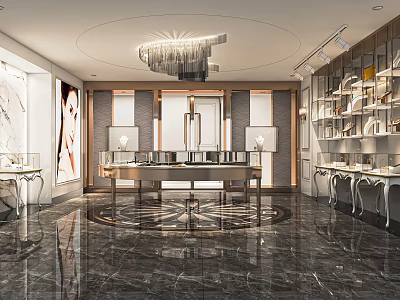 Modern Elegant Jewelry Store Interior With Glass Display Cases Chandelier And Marble Floor 3d model