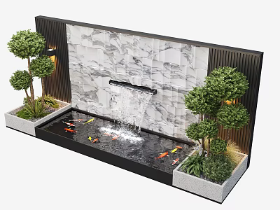 Decorative Water Fountain With Marble Wall Water Flow Koi Fish And Green Plants 3d model