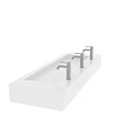 Sleek White Washbasin Design With Three Chrome Faucets And Rectangular Structure