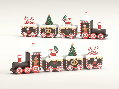 Christmas Themed Decorative Ornament Set with Train Shaped Carriages Santa Tree Candy Cane 3d model