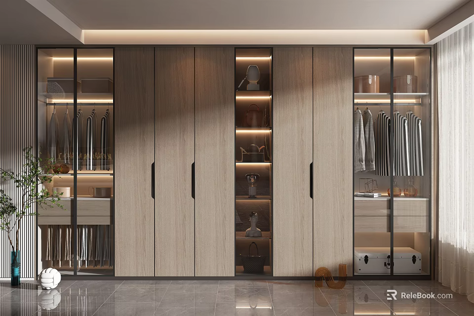 Modern Wardrobe Interior Design With Glass Doors Wooden Panels Shelves And Hanging Areas 3d model 