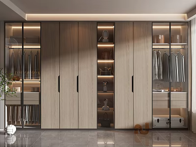 Modern Wardrobe Interior Design With Glass Doors Wooden Panels Shelves And Hanging Areas 3d model