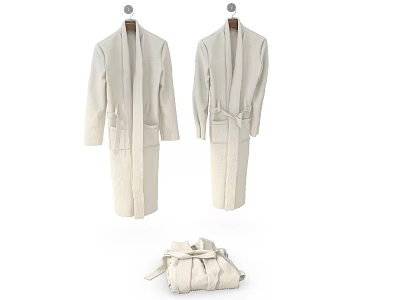 Two Cream Colored Long Coats Hanging On Hangers With Matching Cream Bag Below 3d model