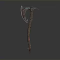Ornate Ancient Weapon With Long Red Brown Handle And Green Gemstone Adorned Head