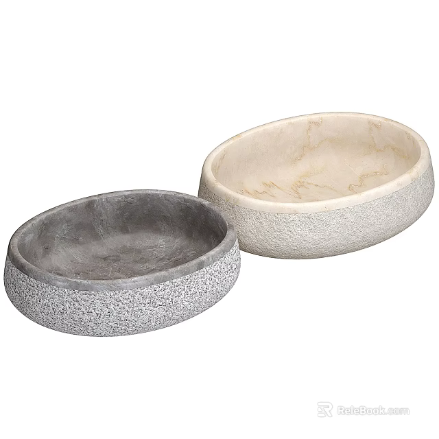 Oval Stone Washbasins Two Gray And Off White With Textured And Marble Patterns Bathroom 3d model 