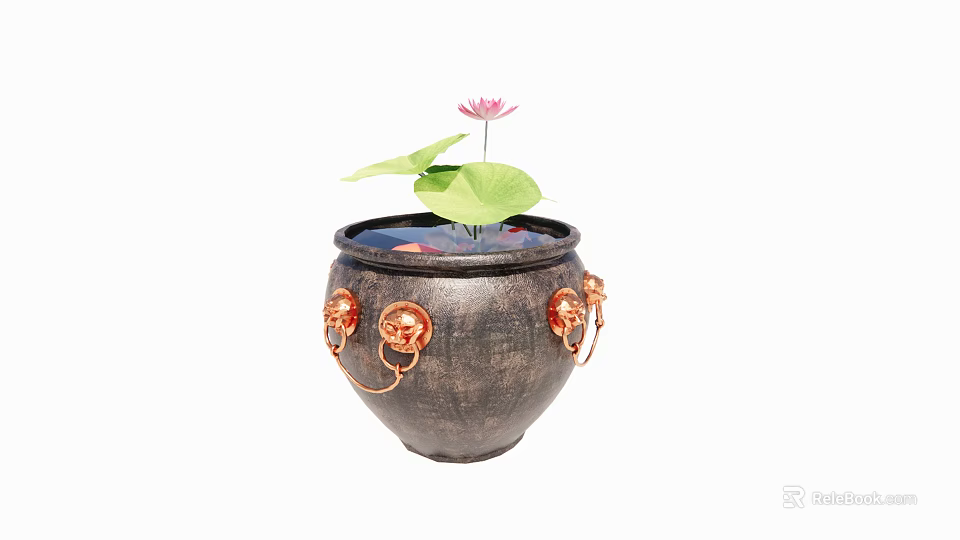 Traditional Fish Tank with Decorative Lion Heads and Brass Handles Featuring Lotus Flower and Leaves 3d model 