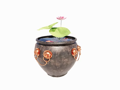 Traditional Fish Tank with Decorative Lion Heads and Brass Handles Featuring Lotus Flower and Leaves 3d model