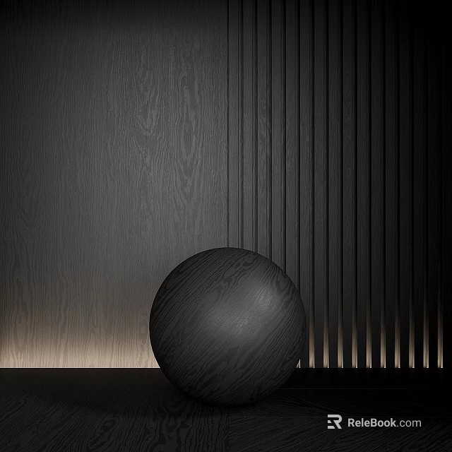 Softly Illuminated Black Sphere On Flat Surface With Wood Grain And Striped Wall 3d model 