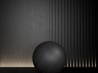 Softly Illuminated Black Sphere On Flat Surface With Wood Grain And Striped Wall 3d model