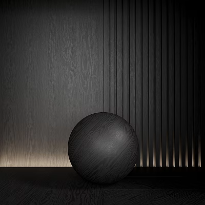 Softly Illuminated Black Sphere On Flat Surface With Wood Grain And Striped Wall 3d model