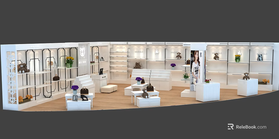 Luxury Boutique Interior With White Display Shelves Handbags Green Plants Mannequin And Wooden Flooring 3d model 