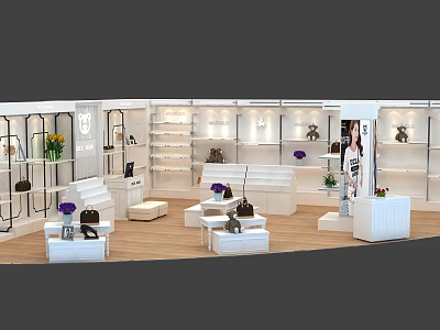 Luxury Boutique Interior With White Display Shelves Handbags Green Plants Mannequin And Wooden Flooring 3d model