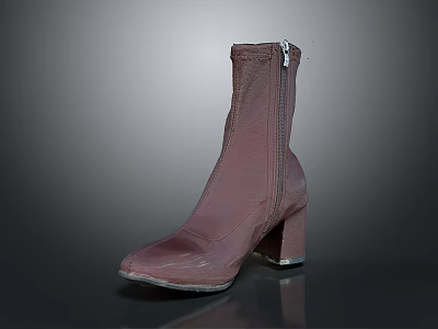 Fashionable Brown Leather Ankle Boots with Side Zipper and Block Heel Design 3d model