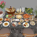 Assorted Delicious Foods Display With Bread Cake Salad Pizza Grilled Meat Desserts And Fresh Flowers