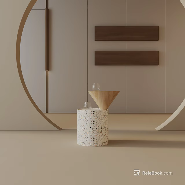Minimalist White Terrazzo Side Table In Modern Interior With Wooden Shelves And Glassware 3d model 