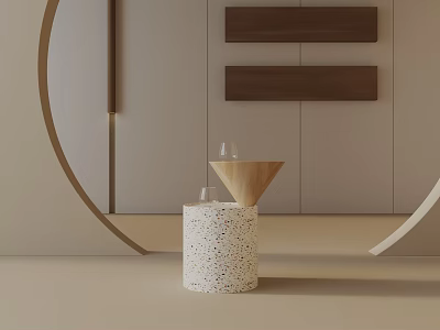 Minimalist White Terrazzo Side Table In Modern Interior With Wooden Shelves And Glassware 3d model