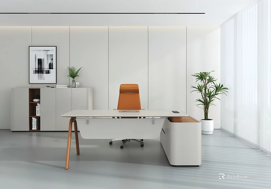 Modern White Office Desk With Wooden Legs Orange Chair Plants Wall Art And Bright Workspace 3d model 