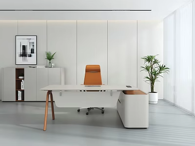 Modern White Office Desk With Wooden Legs Orange Chair Plants Wall Art And Bright Workspace 3d model