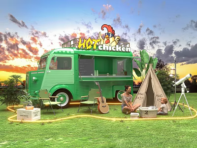 Witch Chicken Green Food Truck Check in Photo Spot With Tent Sunset Grass And Guitar 3d model