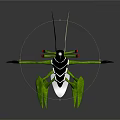 Green Creature With Black Body Red Eyes Long Legs And Elongated Wings