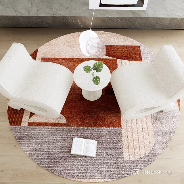 White Fabric Casual Sofa Set with Round Coffee Table Green Leaves and Colorful Patterned Rug 3d model 