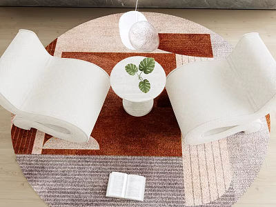 White Fabric Casual Sofa Set with Round Coffee Table Green Leaves and Colorful Patterned Rug 3d model