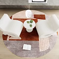 White Fabric Casual Sofa Set with Round Coffee Table Green Leaves and Colorful Patterned Rug