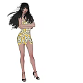 Woman in Yellow Floral Short Dress with Long Hair and High Heels Front Back Views