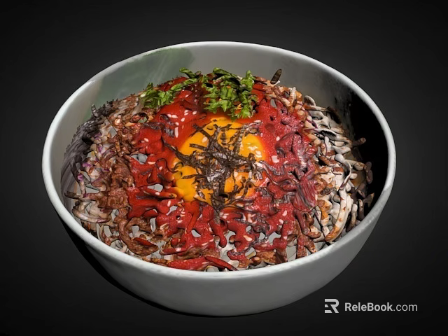 Delicious Rice Bowl Topped With Creamy Egg Yolk Red Sauce Green Herbs And Seaweed 3d model 