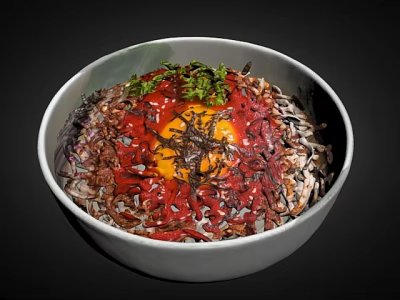 Delicious Rice Bowl Topped With Creamy Egg Yolk Red Sauce Green Herbs And Seaweed 3d model