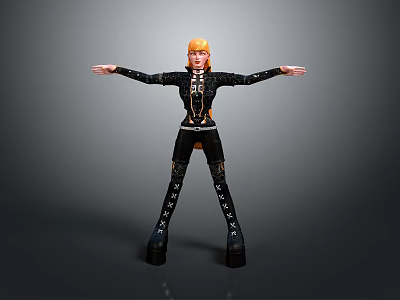 3D Character Model With Orange Hair Black Outfit Gold Accents And Arms Outstretched 3d model
