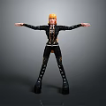 3D Character Model With Orange Hair Black Outfit Gold Accents And Arms Outstretched