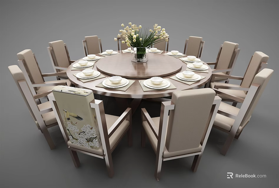 Round Dining Table Set With Matching Chairs Dinnerware And Central Flower Vase 3d model