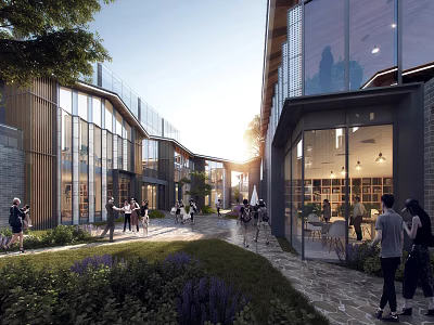 Modern Commercial Street With Glass Facades Greenery Pedestrians And Outdoor Seating 3d model