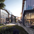 Modern Commercial Street With Glass Facades Greenery Pedestrians And Outdoor Seating