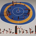 Sports Equipment in Circular Blue and Yellow Fitness Area with Treadmills Dumbbells and Exercise Benches