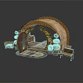 Traditional Arched Wooden Structure With Carved Design Small Table Bench Potted Plants And Rug
