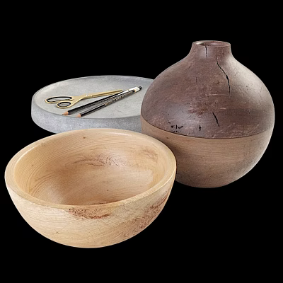 Decorative Ornament Set With Light Wooden Bowl Dark Brown Terracotta Jar And Gray Tray 3d model