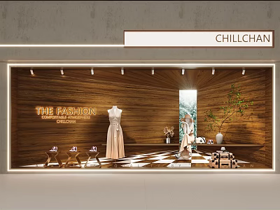 CHILLCHAN Fashion Shop Window Display With Wooden Backdrop Mannequins Dresses Checkerboard Floor 3d model