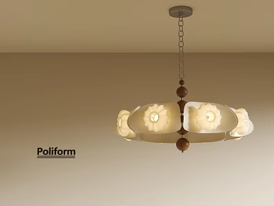 Poliform Chain Hung Chandelier With White Flower Shaped Shades And Wooden Accents 3d model