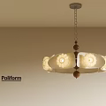 Poliform Chain Hung Chandelier With White Flower Shaped Shades And Wooden Accents