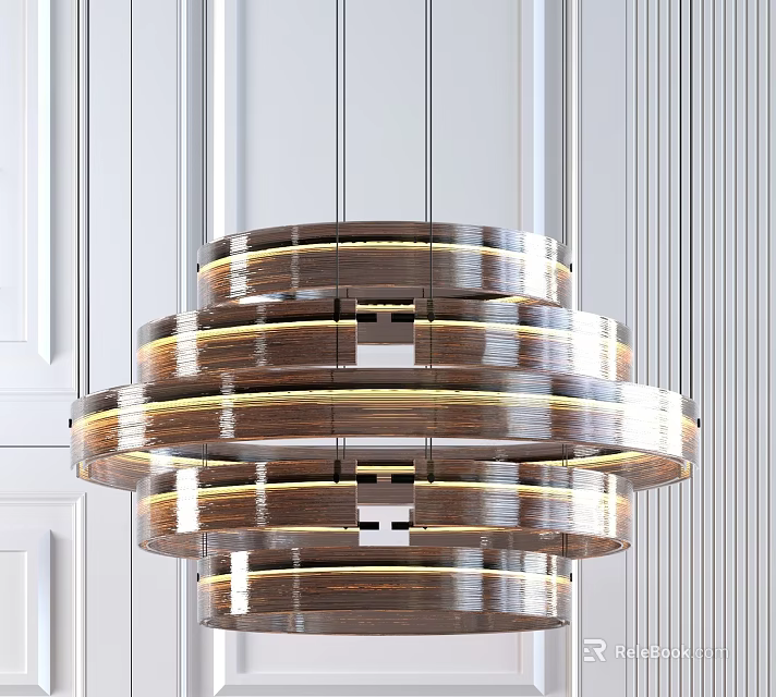 Multi Layer Circular Chandelier With Modern Wooden Metal Design And LED Light Strips 3d model 