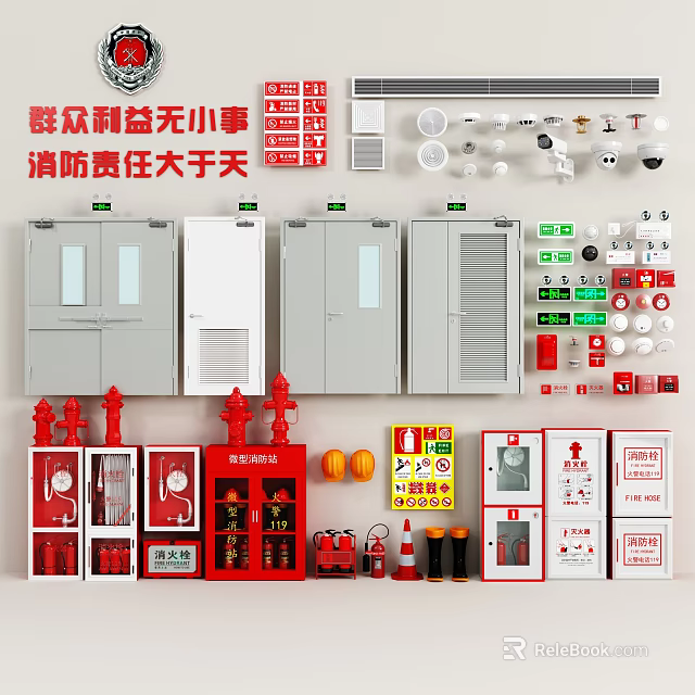 Essential Fire Fighting Equipment Set with Cabinets Extinguishers Hydrants Emergency Lights and Safety Signs 3d model 