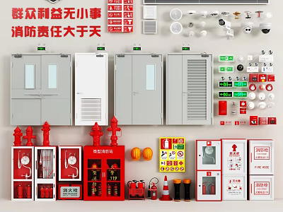 Essential Fire Fighting Equipment Set with Cabinets Extinguishers Hydrants Emergency Lights and Safety Signs 3d model